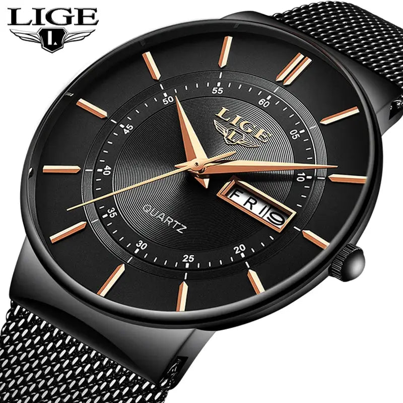 LIGE men's black dial quartz watch with rose-gold markers, mesh stainless steel strap and day-date window