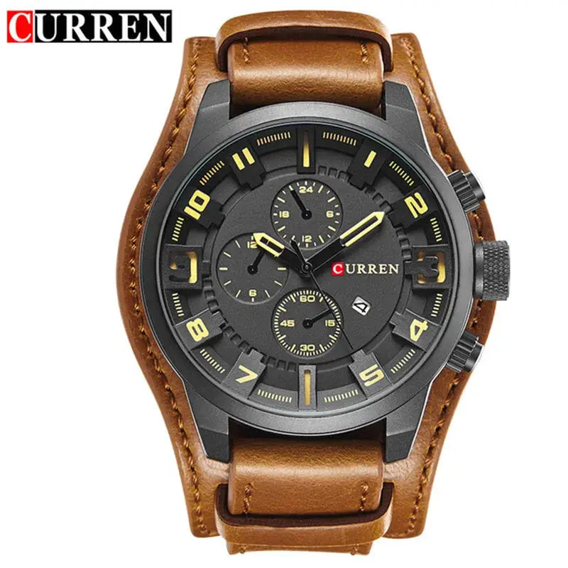 Curren men's wristwatch with brown leather strap, black dial, yellow markers, date window, and chronograph subdials.