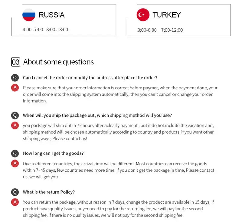 SEAMETAL microfiber car towel by Simples Market — FAQ page showing Russia and Turkey flags, shipping times, and order Q&A.