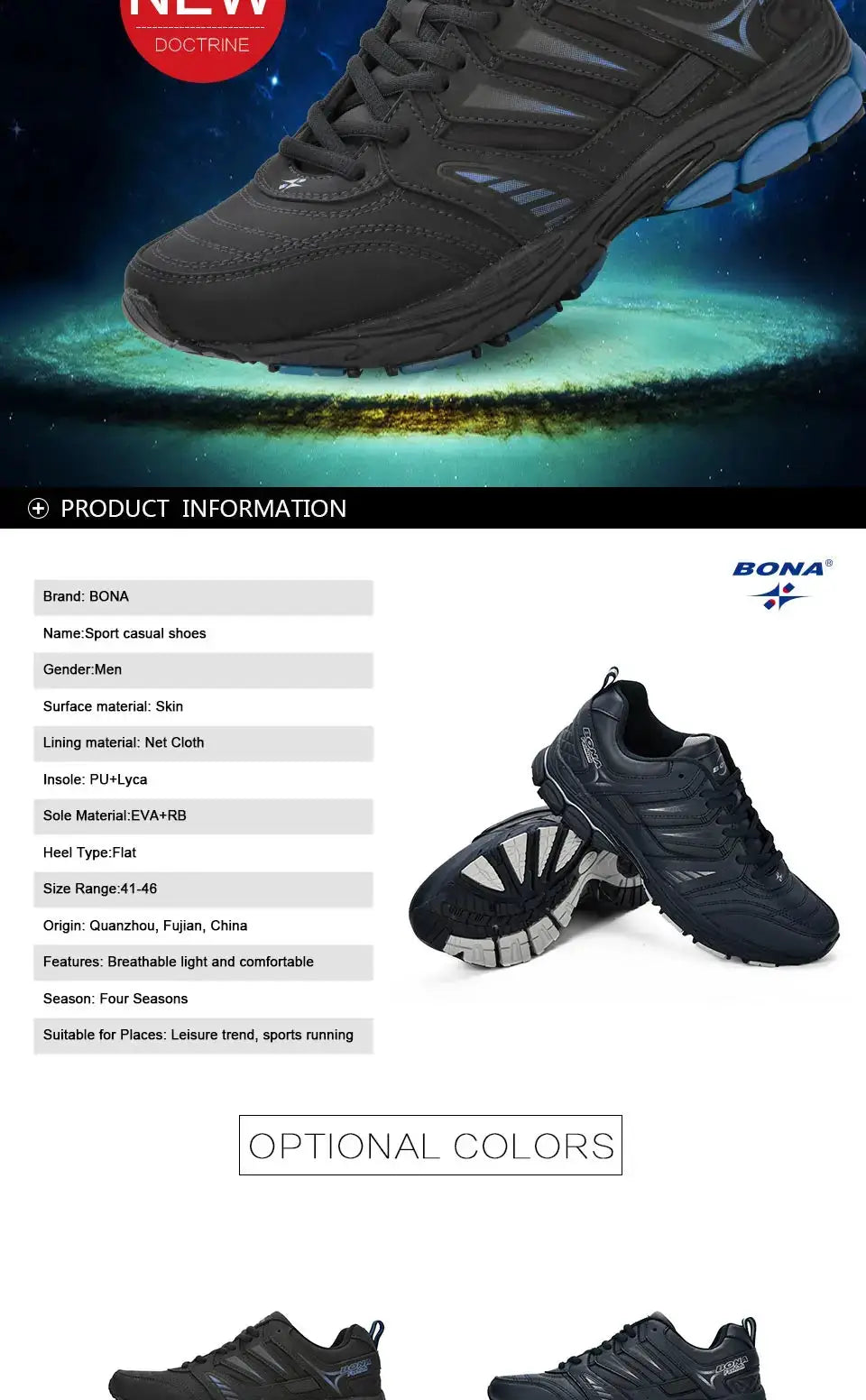 BONA men's sport casual running shoes in black with blue sole; breathable, comfortable outdoor sneakers