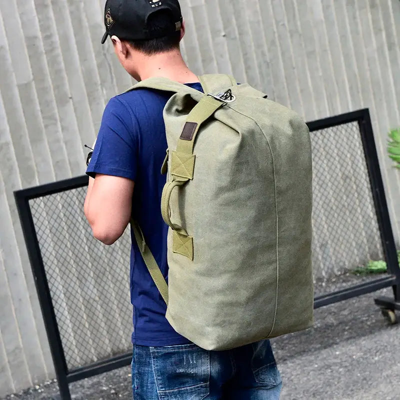 Man travel backpack in olive canvas, Simples Market large-capacity mountaineering bag