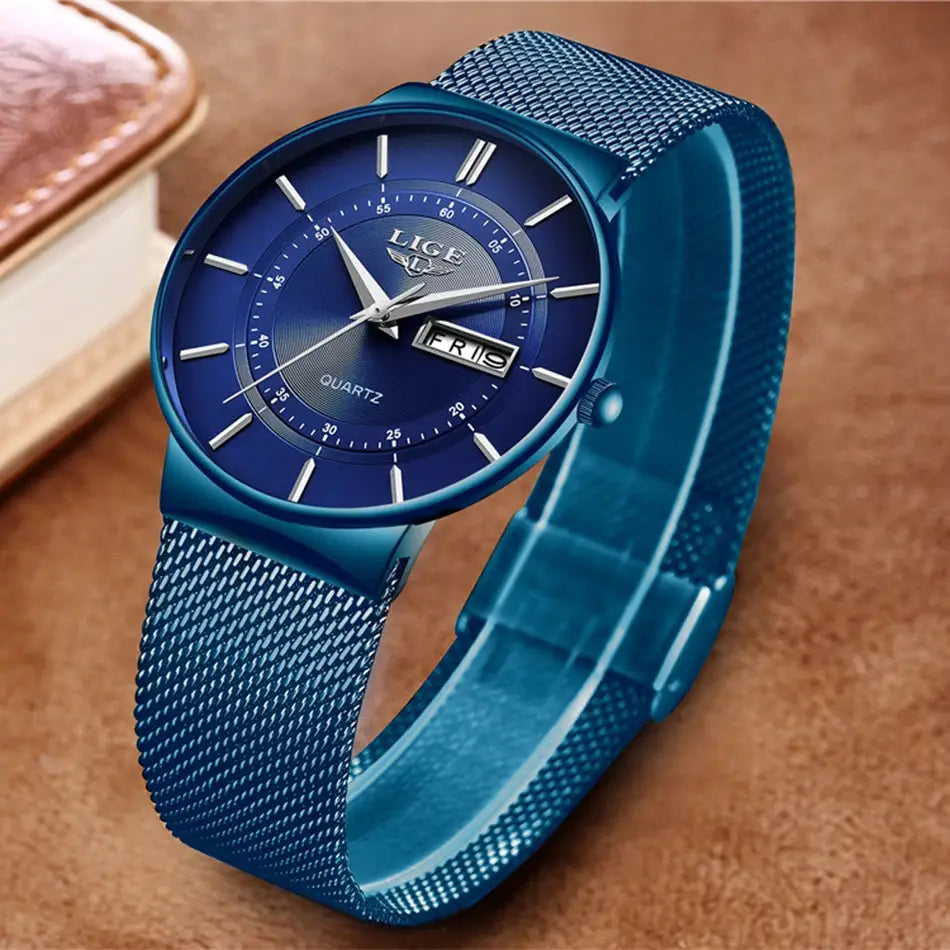 LIGE men's luxury quartz watch with blue dial and blue mesh strap, date display