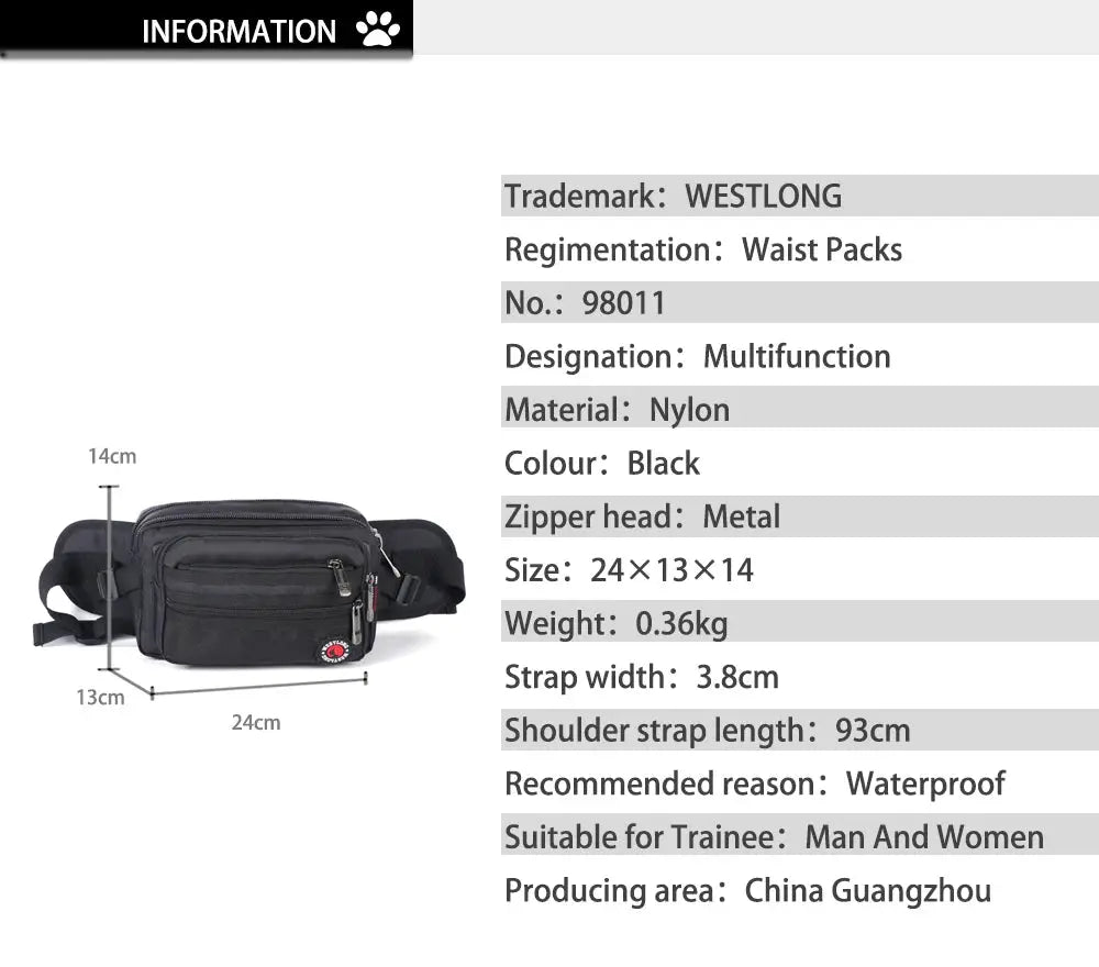 Waist Pack by Simples Market, black nylon fanny bag, waterproof, 24x13x14 cm, unisex.
