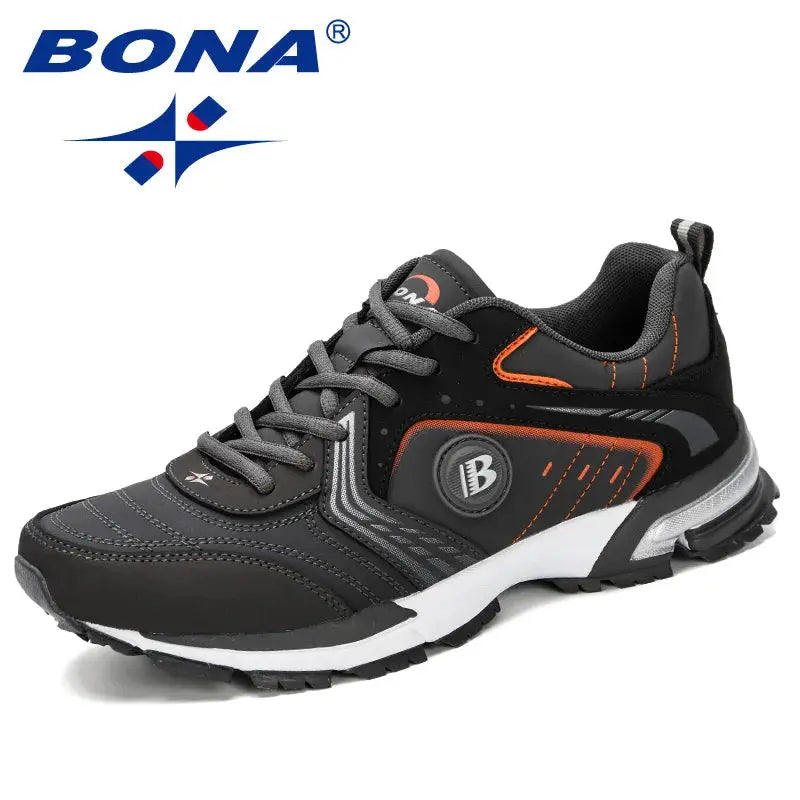 BONA men's running shoes, black with orange accents, lace-up outdoor sneakers.