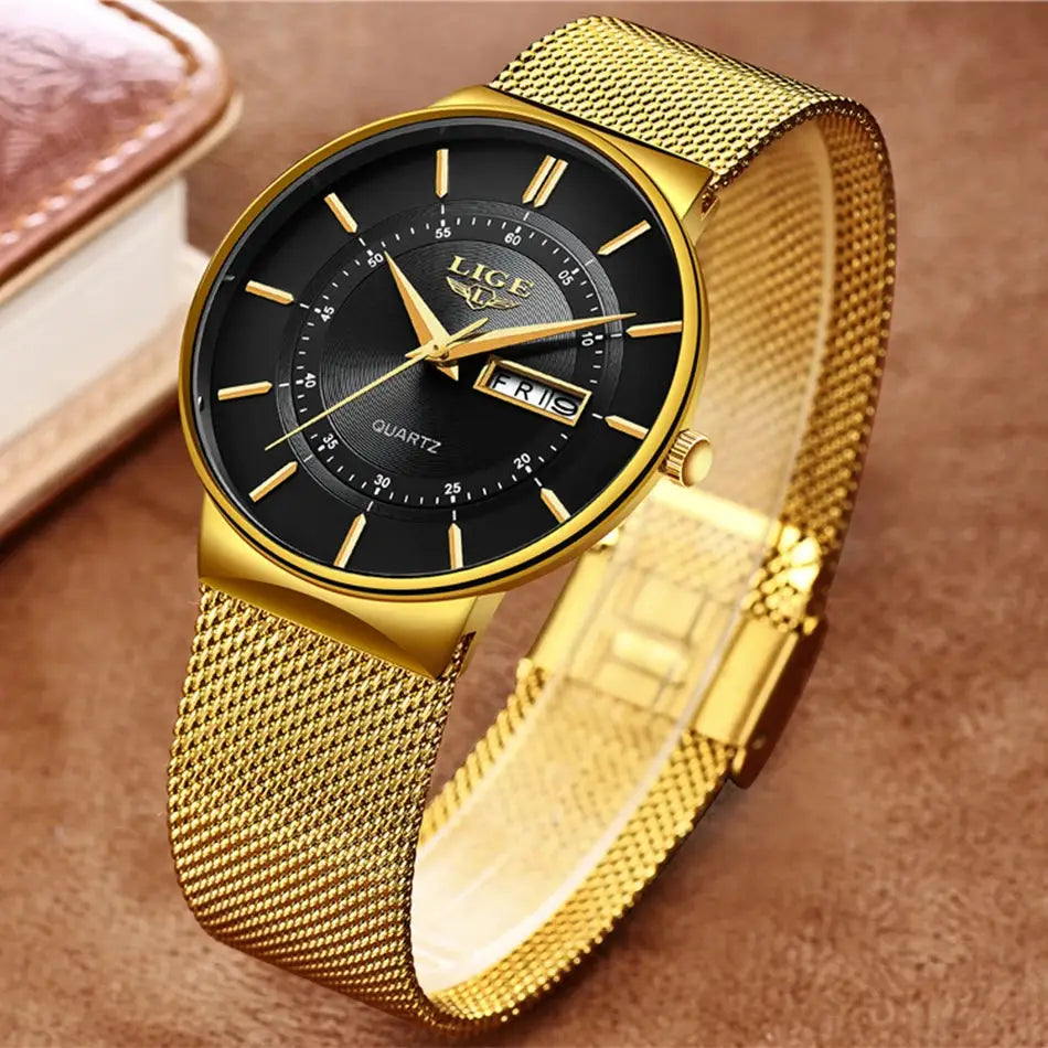 LIGE men’s gold-tone wristwatch with black dial, stainless steel mesh band, date window
