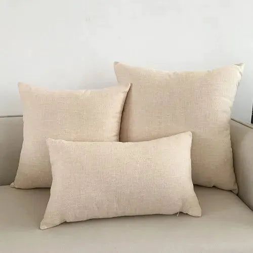 Sofa cushion covers, beige linen, set of three decorative pillow cases for home or hotel