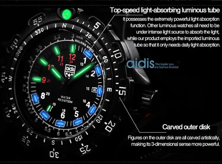 Addies military wristwatch with Aidis logo, black dial, blue and green markers, rotating bezel, water resistant.