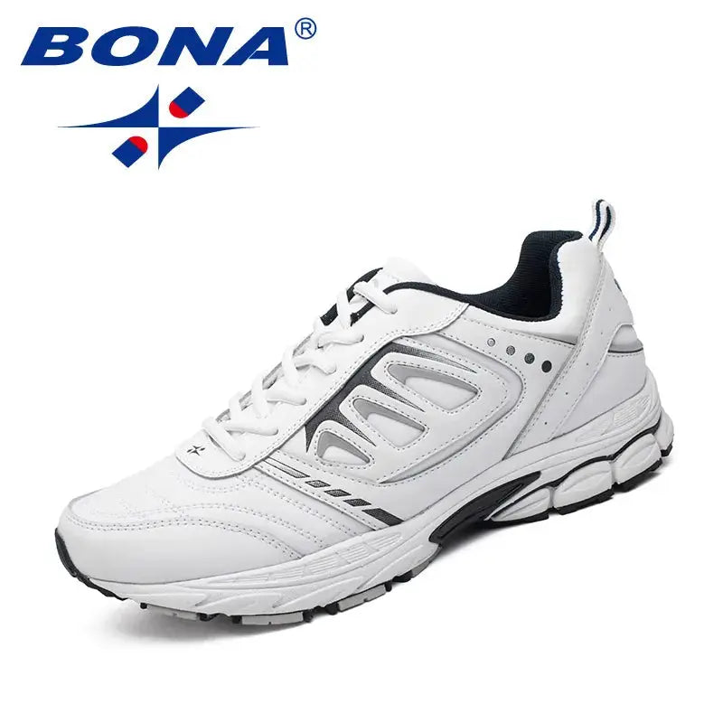 BONA men's white running shoes with lace-up design, black lining, and gray panel accents.