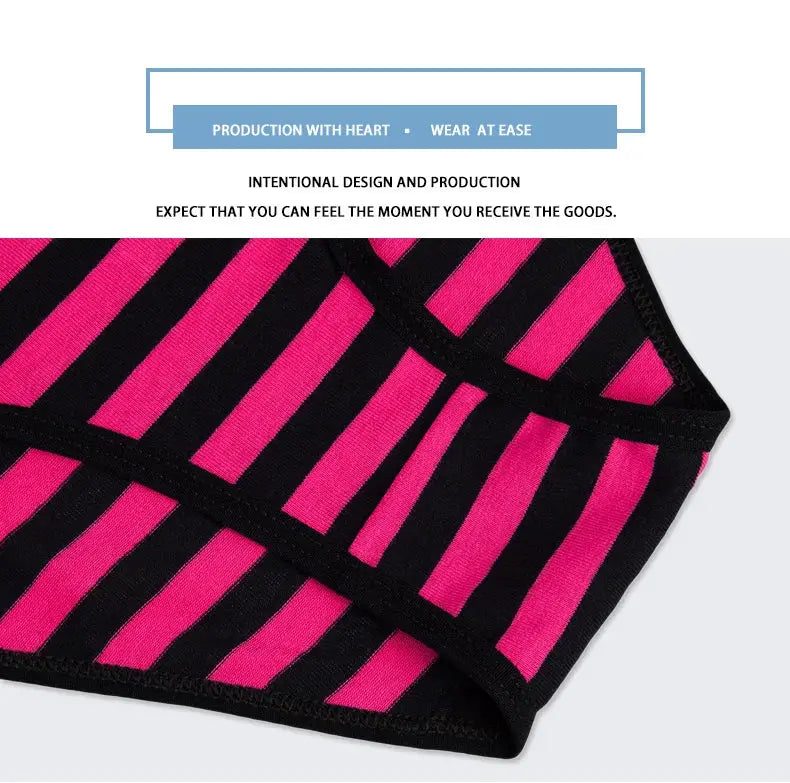 Women's cotton panties bikini briefs, pink and black striped, Simples Market 5-pcs set