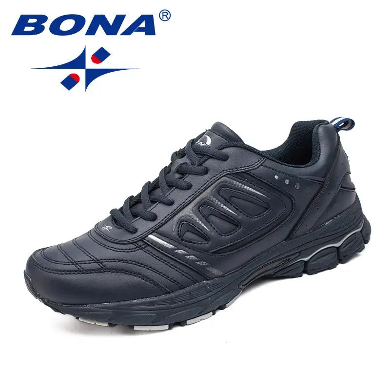 BONA men's running shoes in black, lace-up athletic sneakers with a comfortable lightweight design.