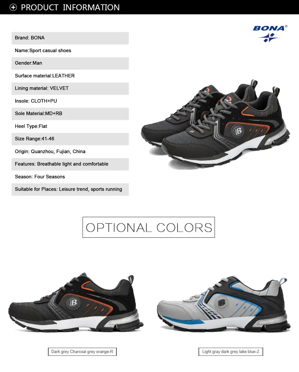 BONA running shoes for men, lace-up sneakers in three colorways: black/orange, dark gray/orange, light gray/blue.