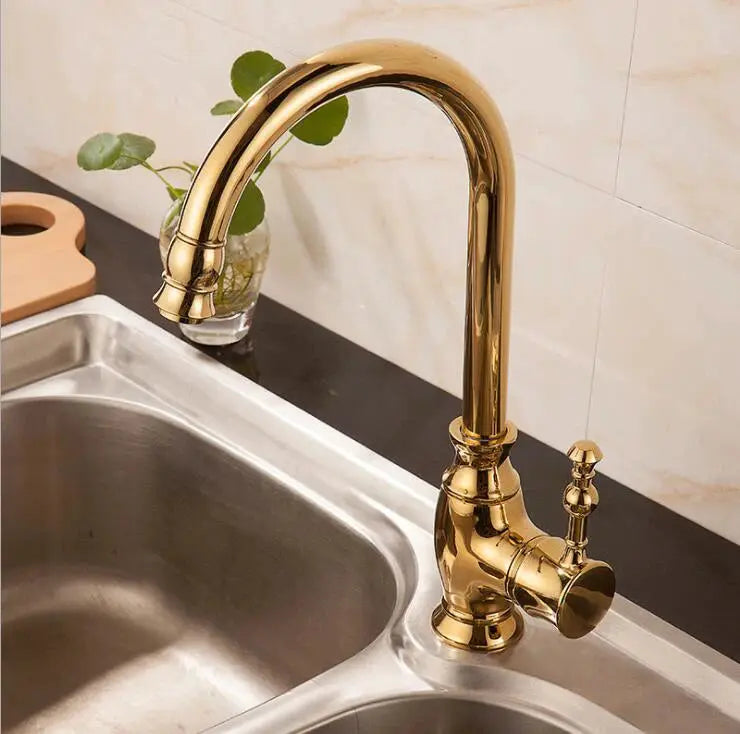 Kitchen faucet XT-169 by Simples Market golden brass with high-arc swivel spout and single handle for kitchen sink