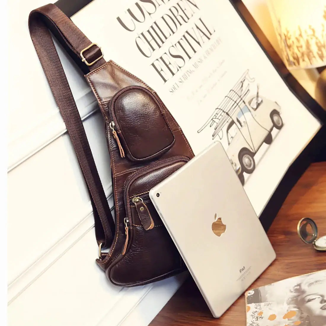 Men's brown genuine leather crossbody sling bag with adjustable strap