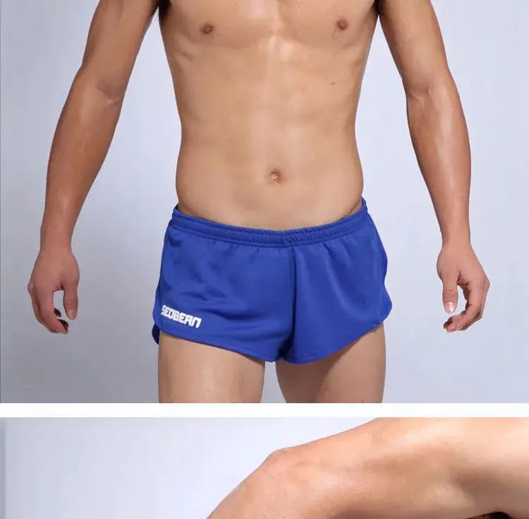 SEOBEAN men's blue running shorts with left-leg logo