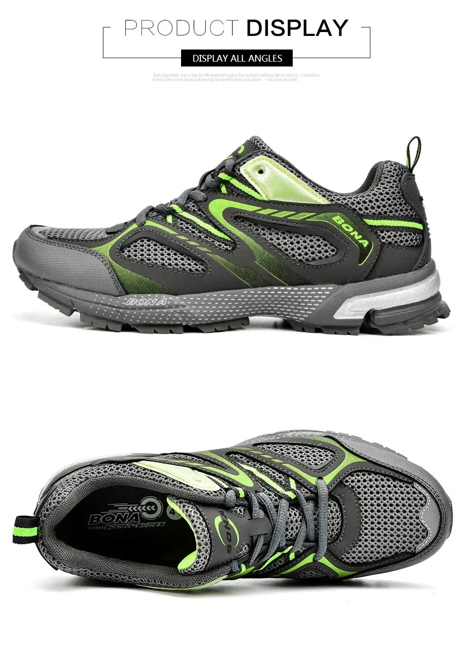 Pair of BONA men’s running shoes with gray mesh and lime green accents, lace-up outdoor joggers