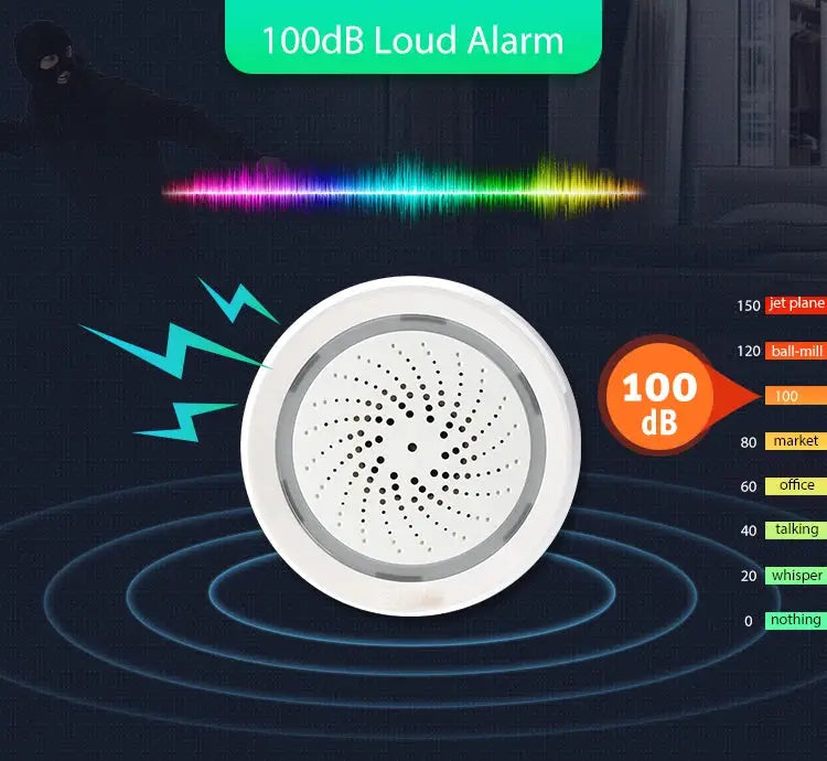 Simples Market Smart Tuya Wifi Siren Alarm with temp/humidity sensor, white circular unit, 100dB loud alarm and light