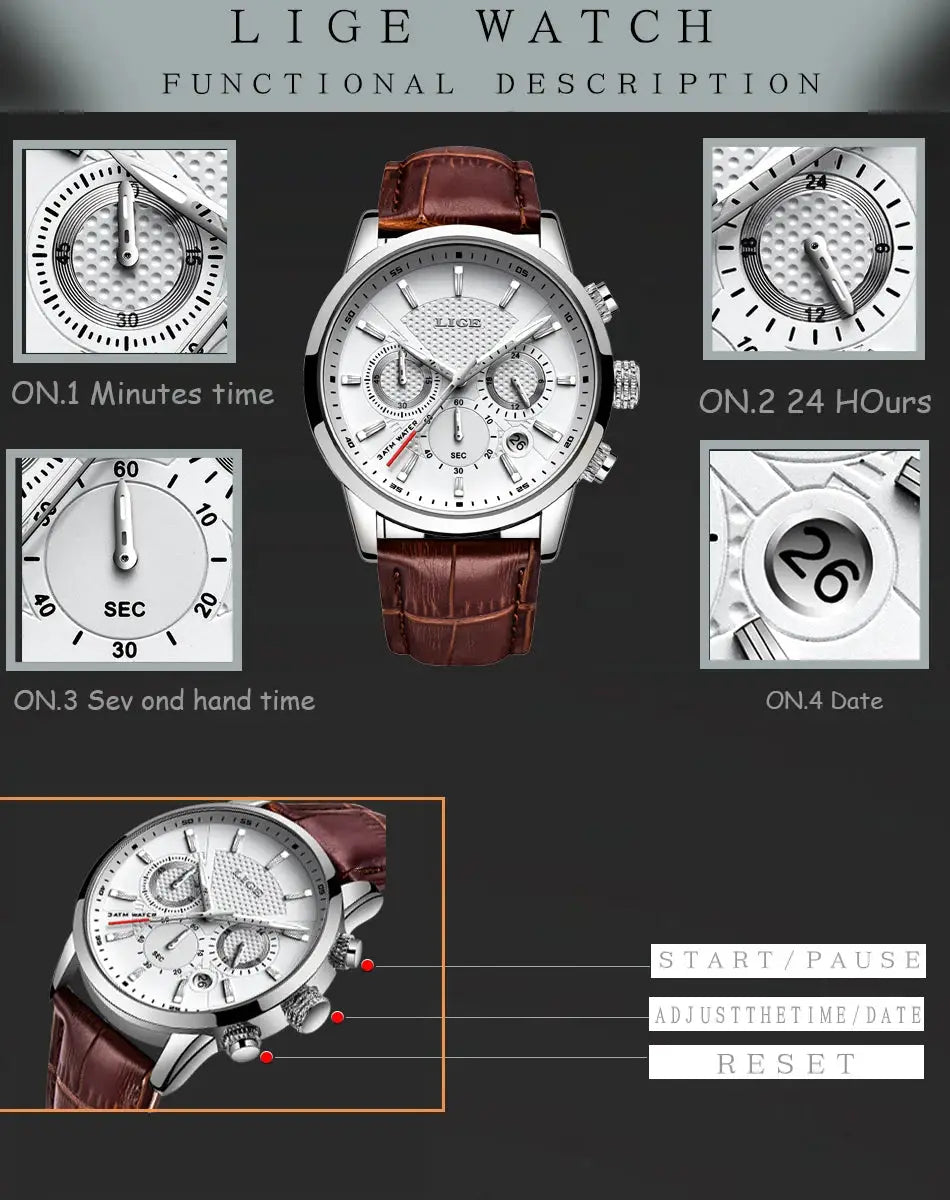 LIGE men's watch with silver dial and brown leather strap