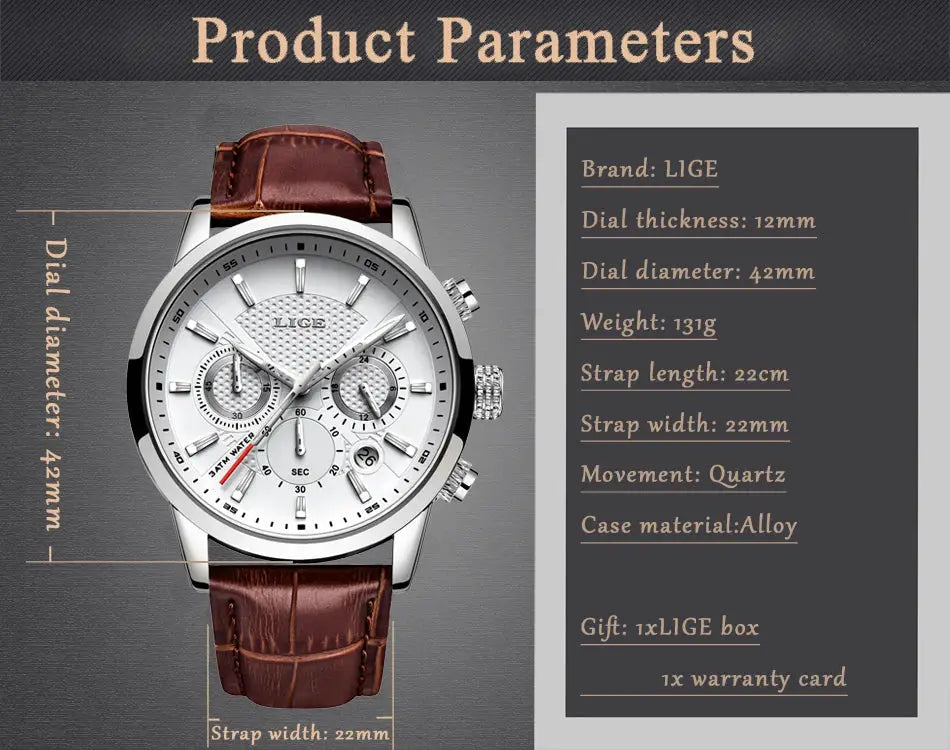 Watch LIGE men's quartz watch with brown leather strap, silver case, white dial