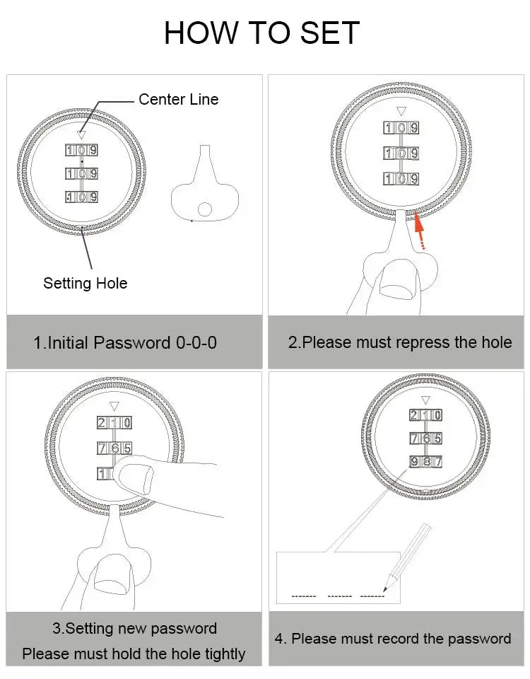 KAK combination cabinet lock setup guide in black/silver zinc alloy cam lock with 4-step password instructions.
