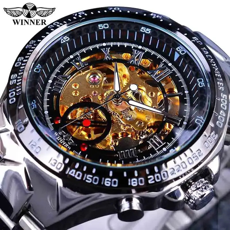 Winner mechanical skeleton watch with sport design; silver stainless steel case/bracelet, gold movement, tachymeter bezel
