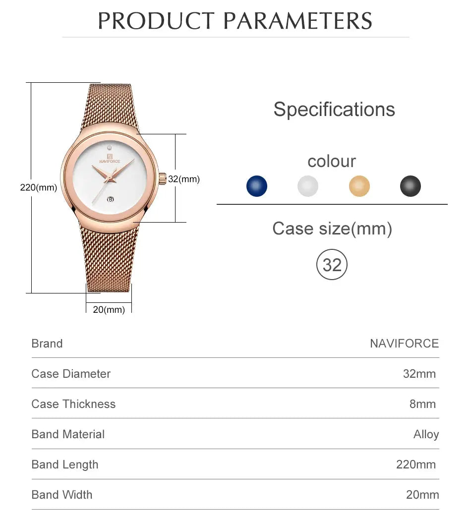 NAVIFORCE women's rose-gold mesh watch, 32mm case, quartz movement