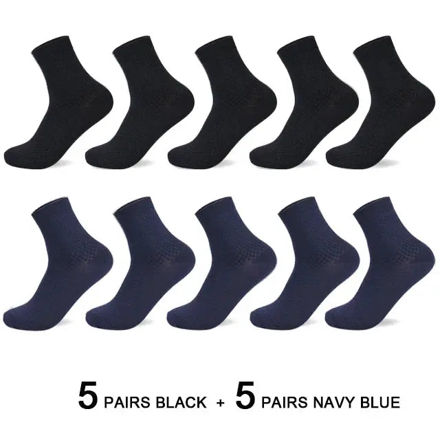 Men's bamboo fiber dress socks by Simples Market, 10 pairs (5 black, 5 navy blue), size 42–45.