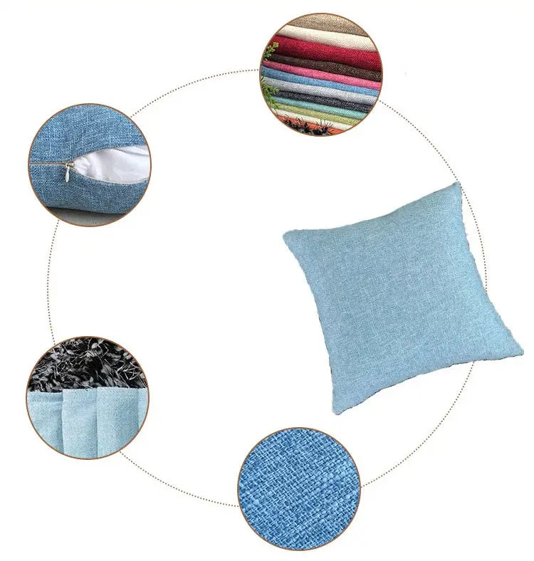 Sofa cushion cover by Simples Market; light blue textured fabric with zipper closure, multiple sizes.