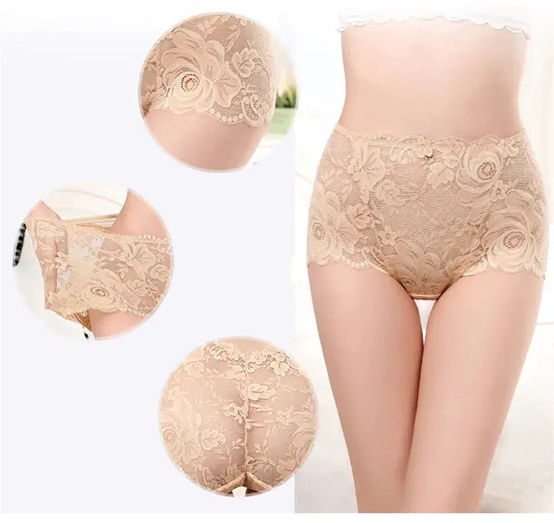 Simples Market beige lace high-waist panties for women, plus-size, cotton crotch, floral lingerie