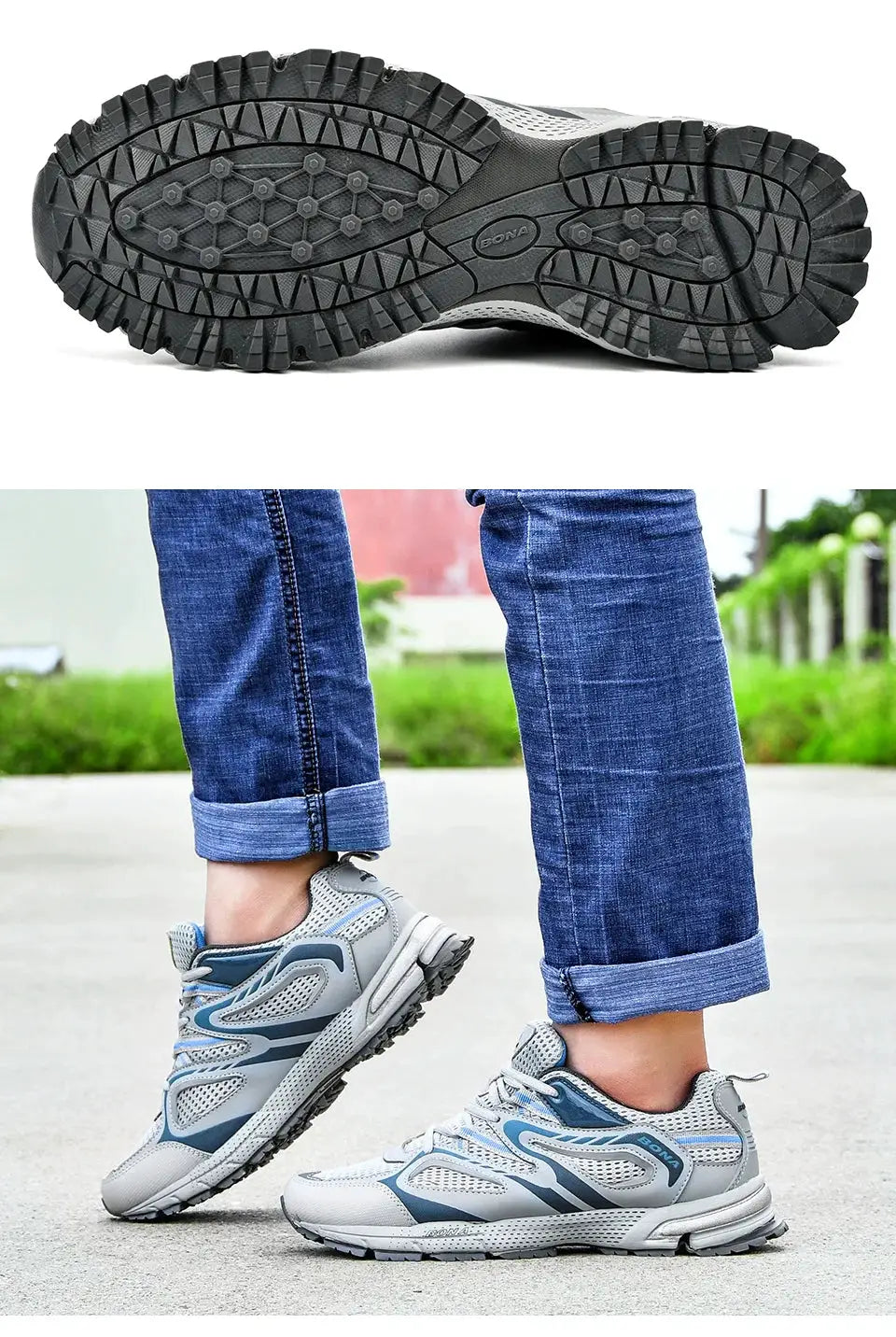 BONA men's running shoes by Simples Market, blue-grey mesh upper, lace-up design for outdoor jogging