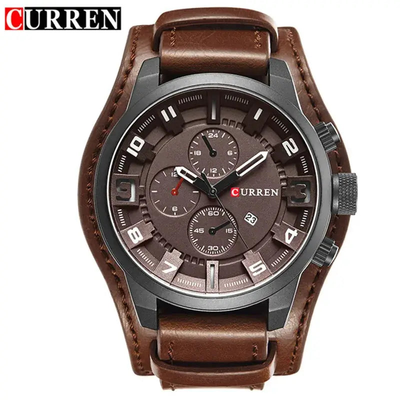 Curren men's brown leather strap watch with brown dial, stainless-steel case, chronograph subdials and date display.