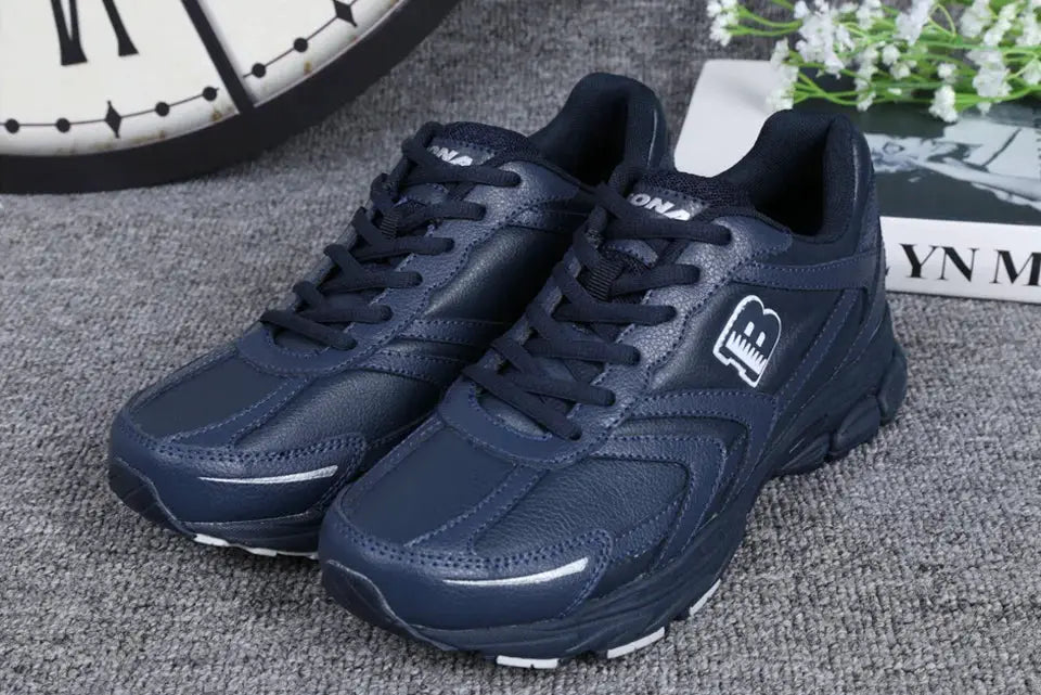BONA men's navy blue lace-up running shoes with white outsole accents for outdoor jogging and walking