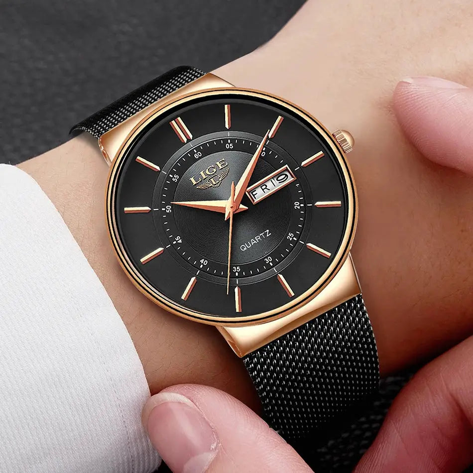 LIGE men's luxury quartz watch with rose-gold case and black stainless mesh strap, day-date display.