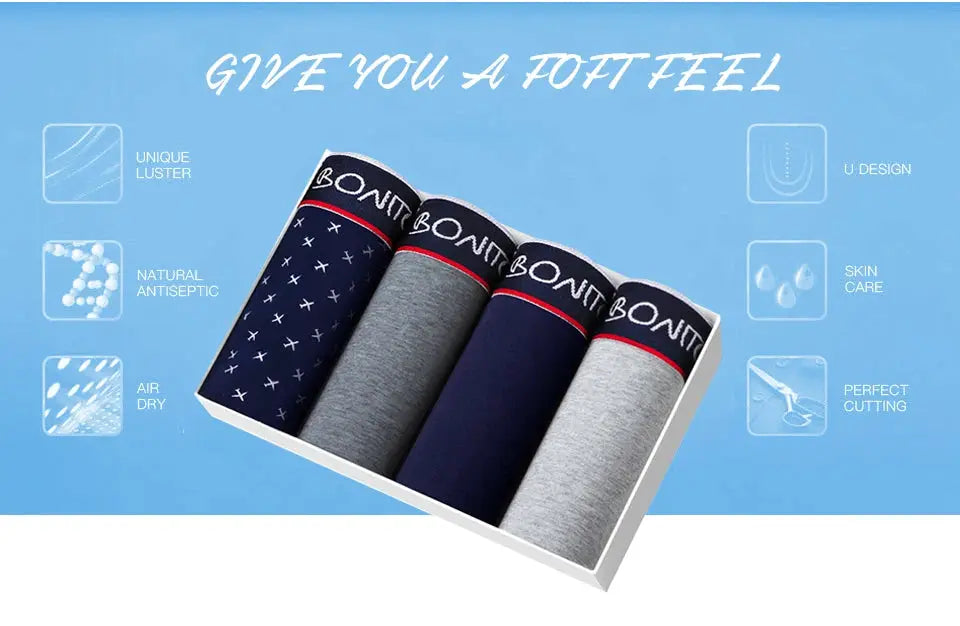 Set of 4 men's cotton boxer shorts with Bonuit waistband in navy, gray, dark blue and light gray