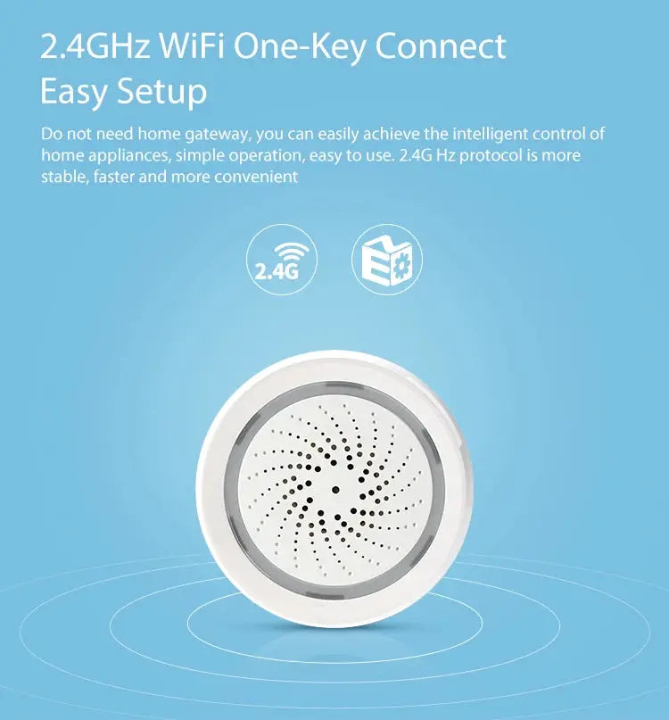 Smart Tuya WiFi Siren Alarm with temperature/humidity sensor, white plastic housing, triggers alarm with sound and light
