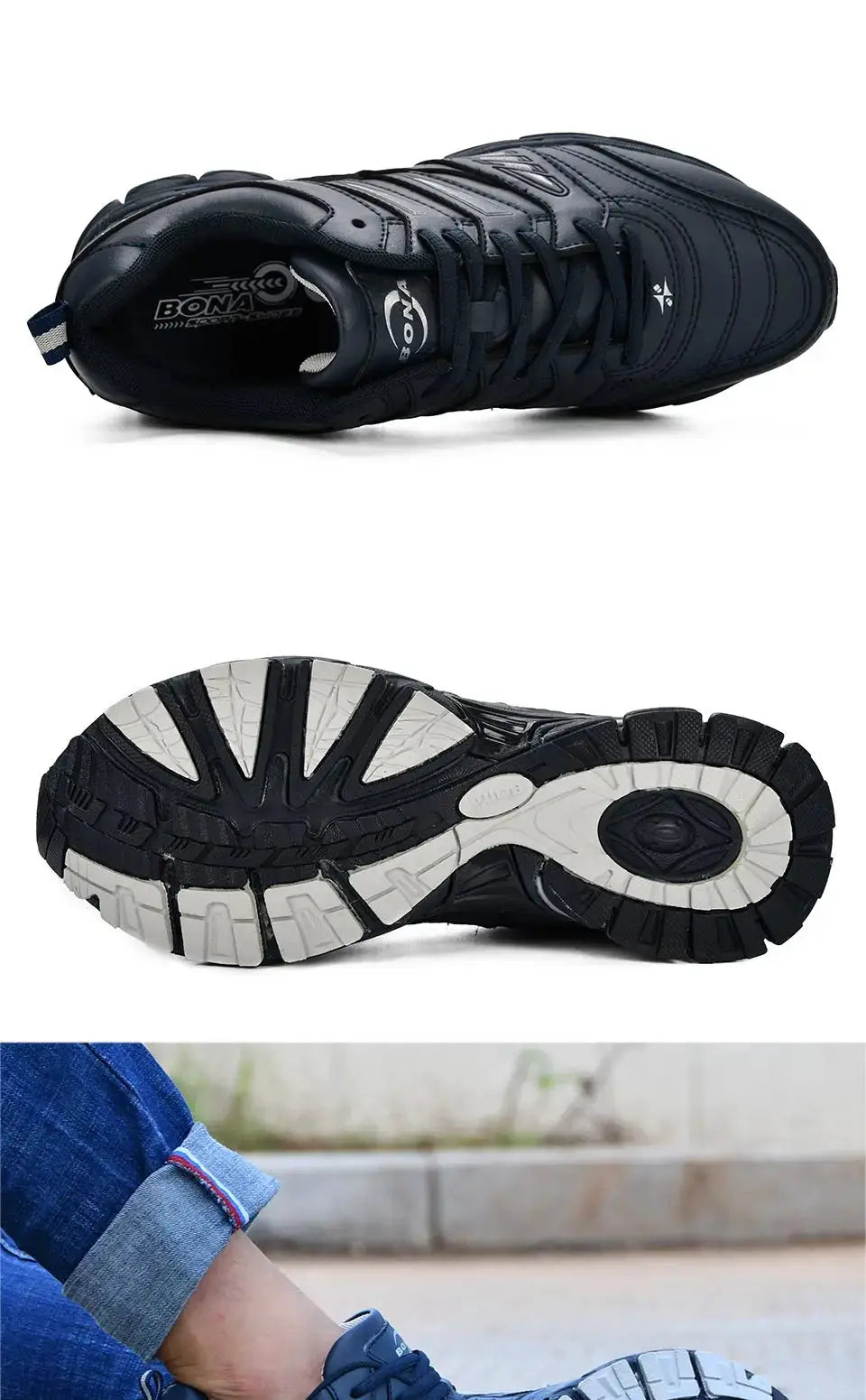 BONA men's navy blue running shoes with breathable upper and rugged outsole