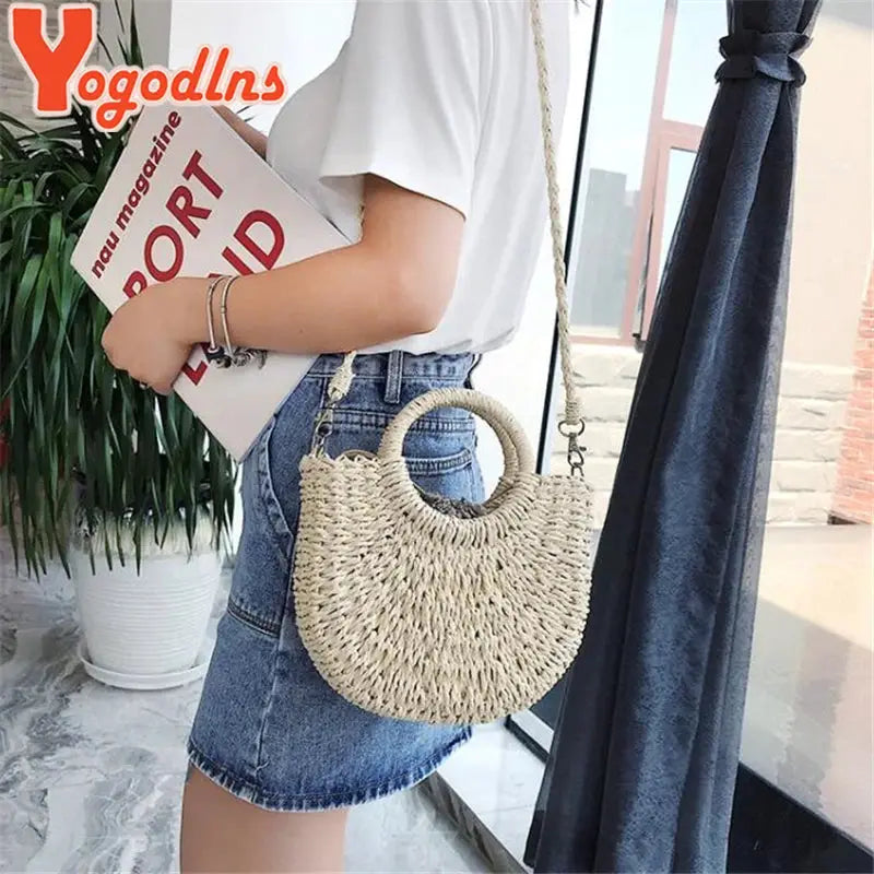 Yogodlns Handmade Half Round Rattan Woven Straw Bag Summer Women Messenger Crossbody Small Beach Handbag New