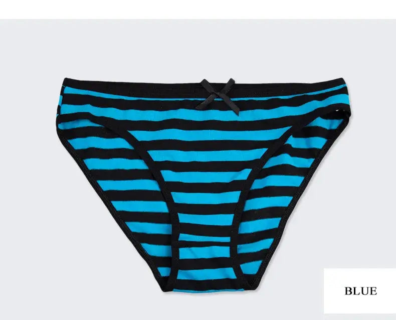 Women’s blue and black striped cotton panties; bikini briefs with a small bow