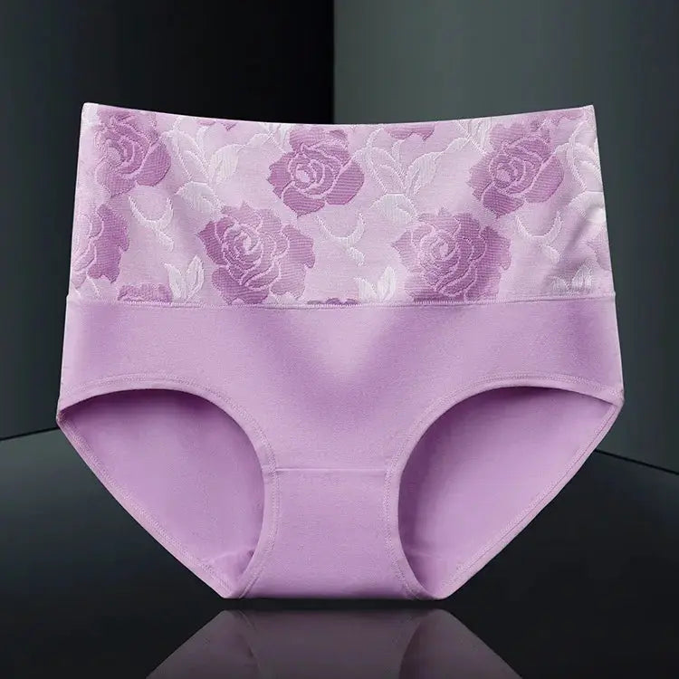 Lavender high-waist women's panties with floral lace waistband