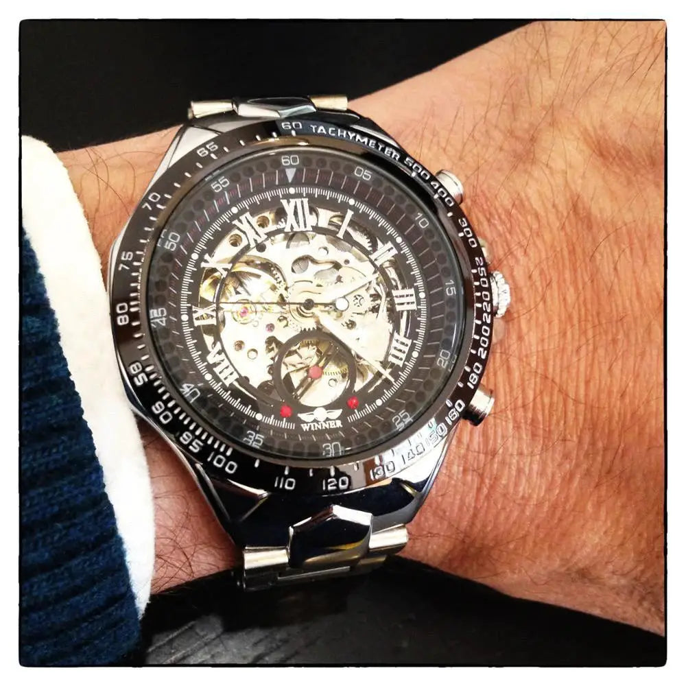 Winner mechanical automatic skeleton watch with stainless steel bracelet and tachymeter bezel