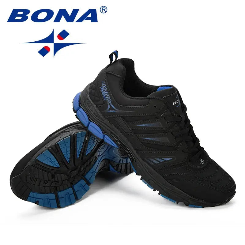 BONA men's running shoes, black with blue outsole, breathable athletic sneakers, 2 shoes