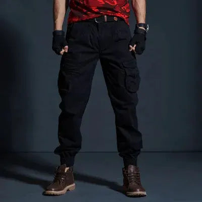 Men's black tactical cargo joggers with multiple pockets