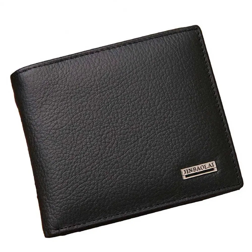 Black genuine leather short men’s wallet with coin pocket and card slots; metal brand plate detail