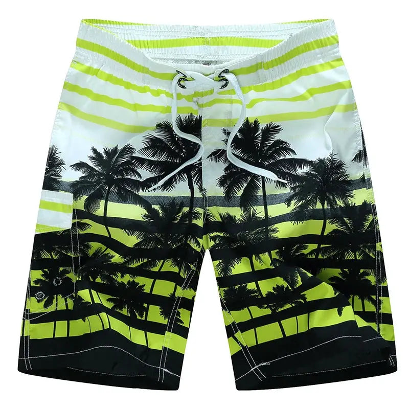 Men's surf board shorts lime green and black palm print with drawstring waistband