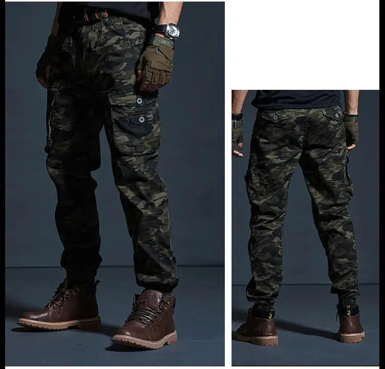 Men's camouflage cargo pants by Simples Market with multiple pockets, tactical jogger style, khaki camo