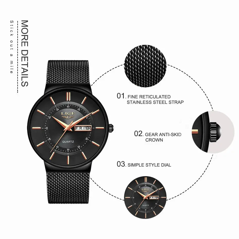 LIGE men's quartz watch with black dial, rose-gold hands and stainless steel mesh strap, date window