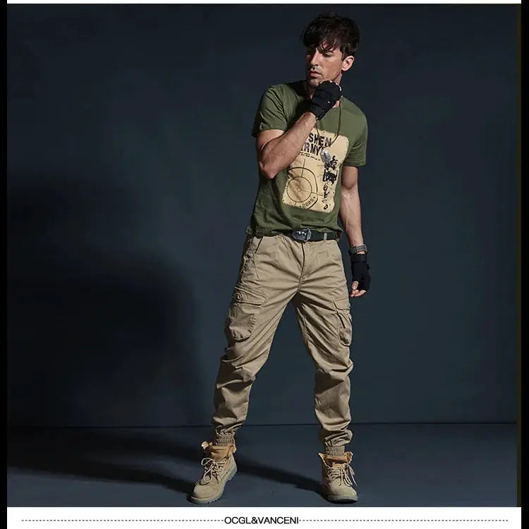 Khaki cargo pants with multiple pockets, tactical joggers for men