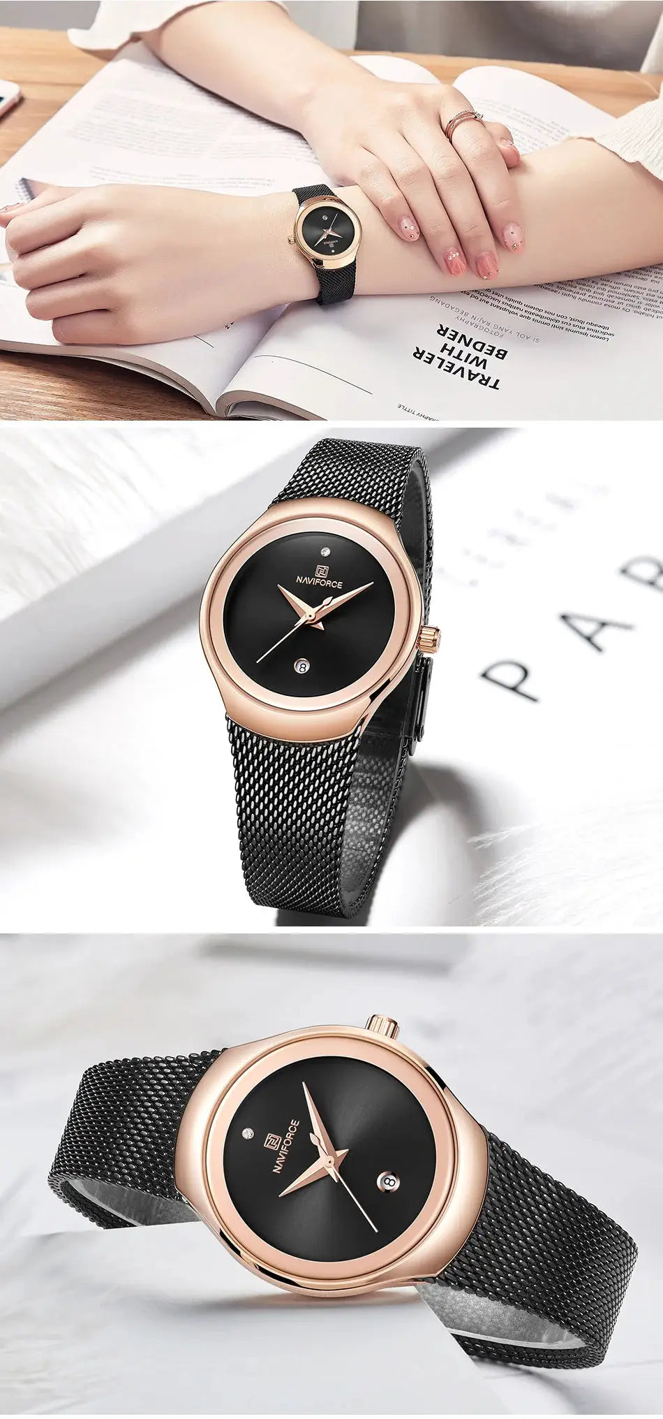 NAVIFORCE women's fashion watch with black dial, rose-gold bezel, stainless steel mesh strap