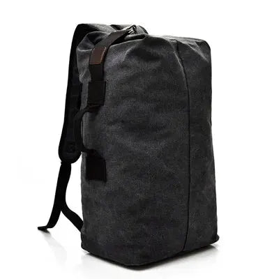 Men's black canvas travel backpack, large-capacity bucket-style mountaineering bag with brown strap accents