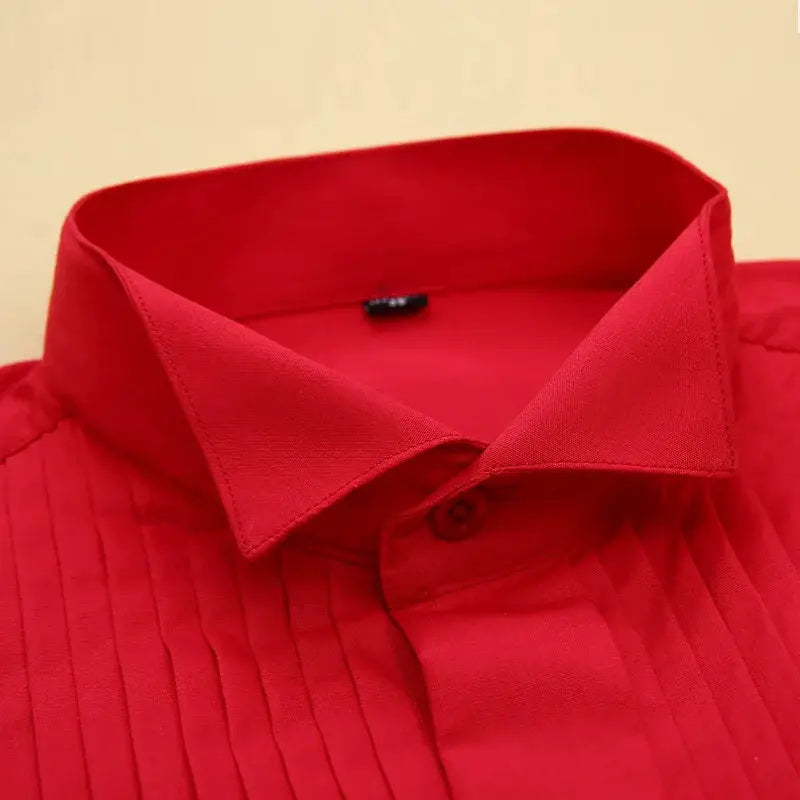 Men's winged-collar dress shirt in red with a pleated front for formal occasions.