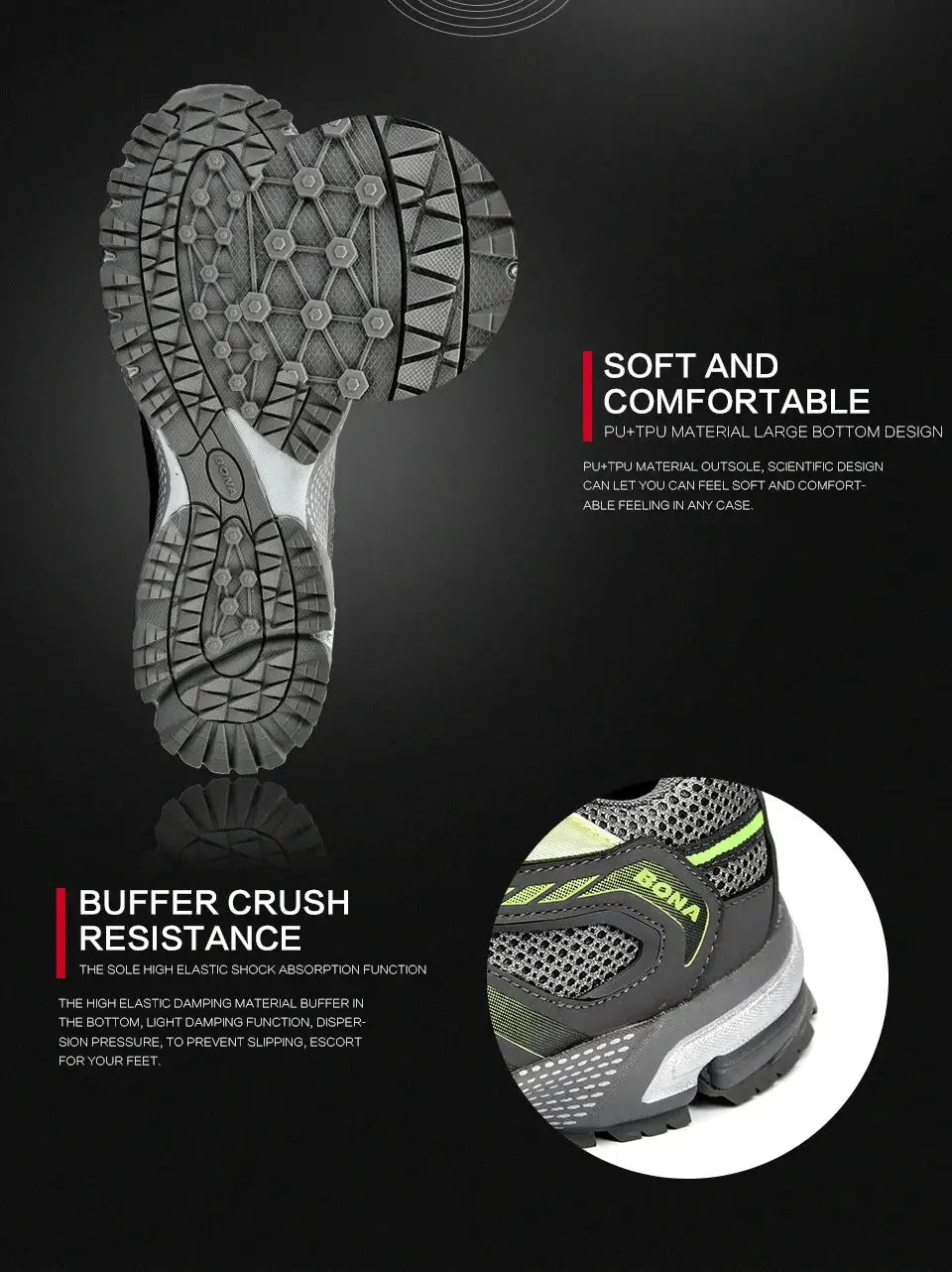 BONA men’s running shoes with cow split mesh upper, lace-up design and neon green accents by Simples Market